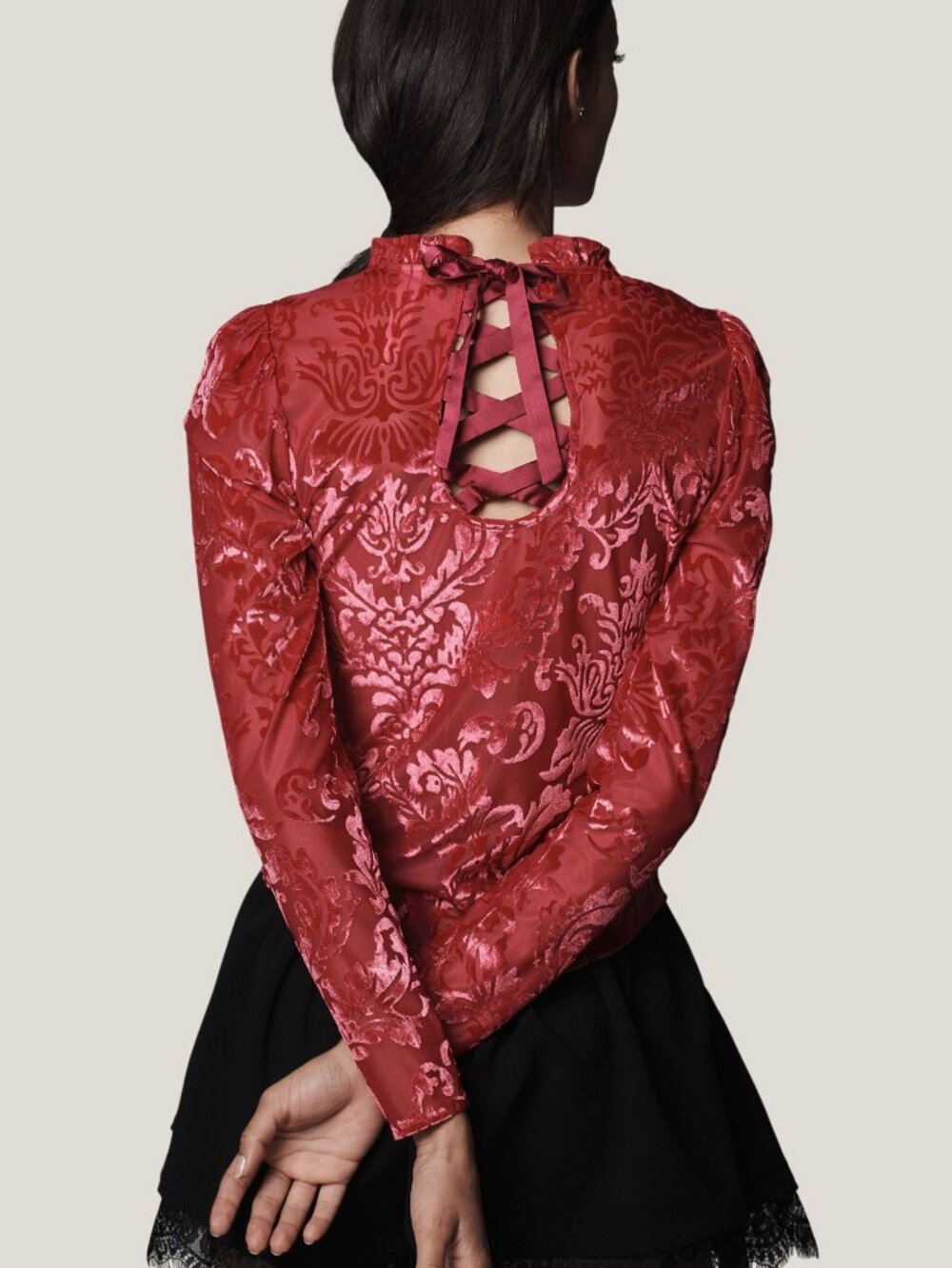 Anthropologie Sheer Velvet Burnout Top Long Sleeve Red Large - Picture 5 of 12